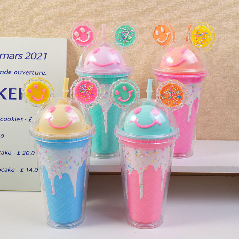 Smile face plastic straw cup-450ML