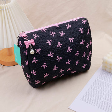 Bow Series Cotton Square Makeup Bag - Black