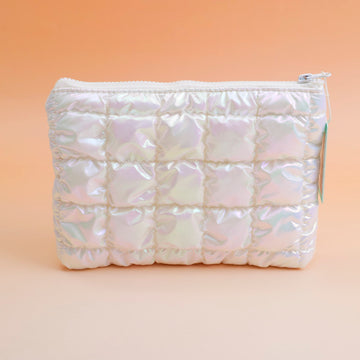 Cotton Filled Checkered Official Makeup Bag - White