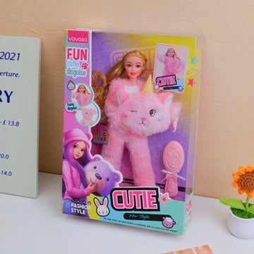 QJ158C 11-joint pink plush headband girl doll-38cm