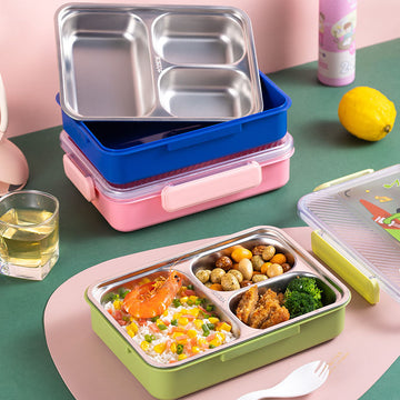 HS-BWFH6001Transparent lid stainless steel three grids lunch plate 900ml