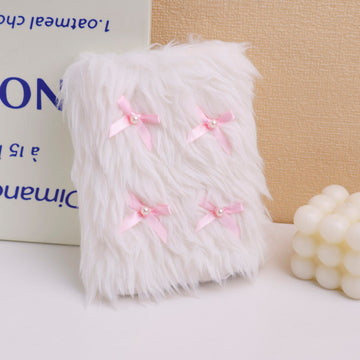 (HY-MRWJ8007)A6 White Fluffy Notebook with Bowknot - Lined Inner Pages 80 Sheets