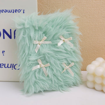 (HY-MRWJ8005)A6 Green Fluffy Notebook with Bowknot - Lined Inner Pages 80 Sheets