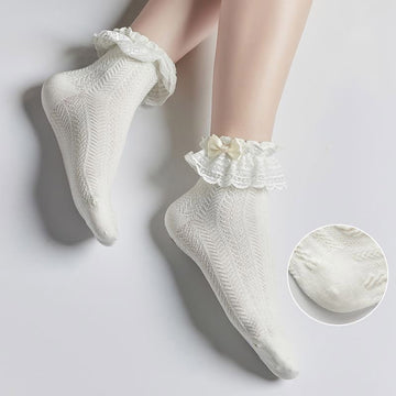 Ladies' White Bowknot Lace Edges Mid-calf Socks