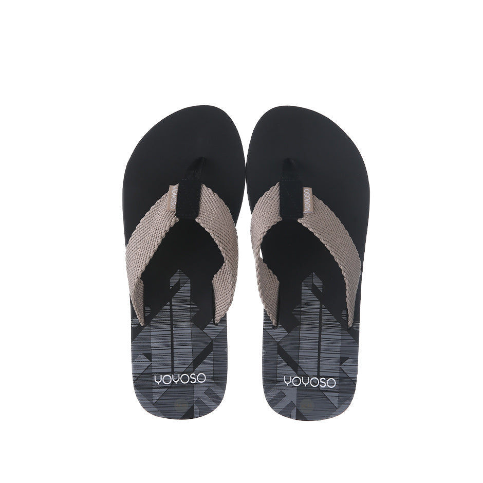 Simple mens flip flops with geometry graphic ribbon-black and beige 42-43