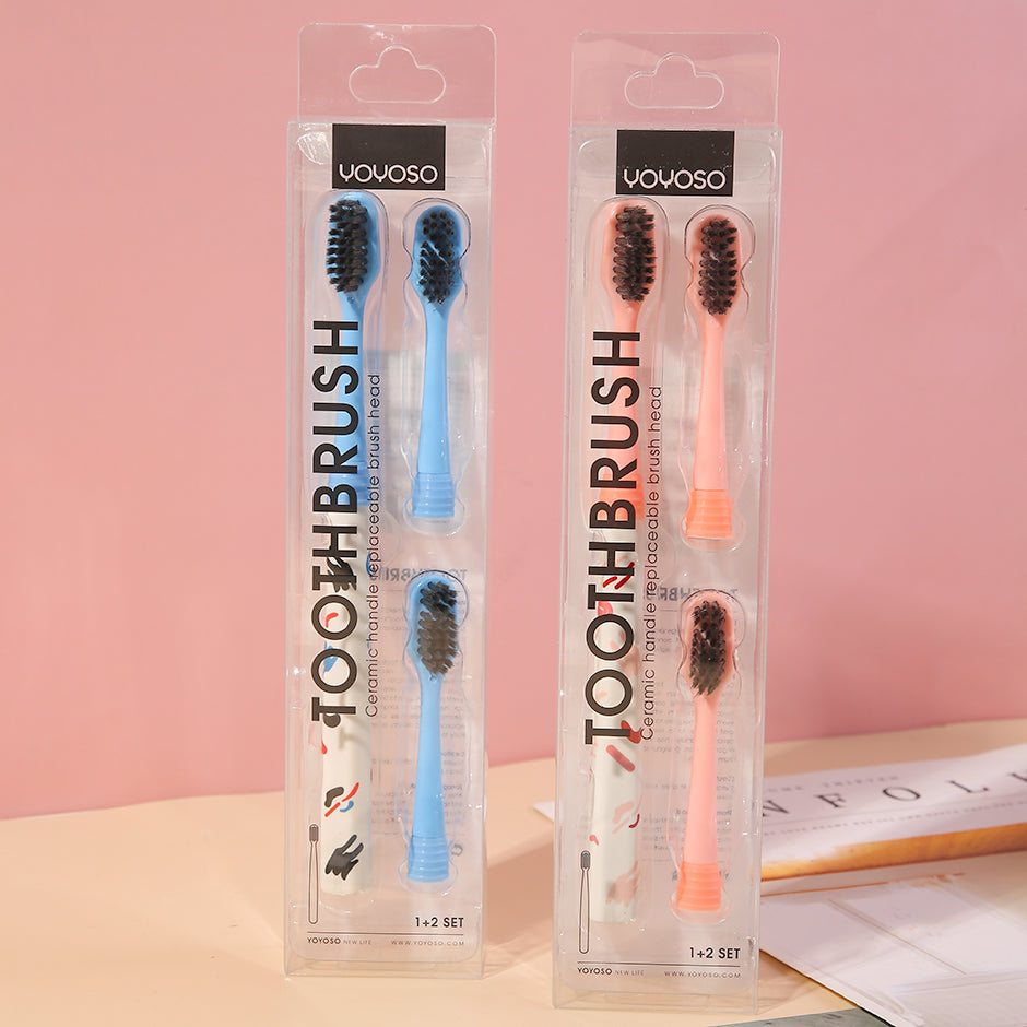 Thin bristle replaceable end toothbrush 1+2 set