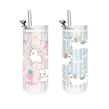 Cartoon striped glass cup with straw-450ml