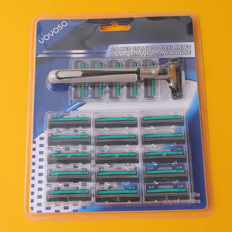2-Layer Stainless Steel Men'S Razor With Two-Tone Handle (1Pc Handle+20Pcs Blades)