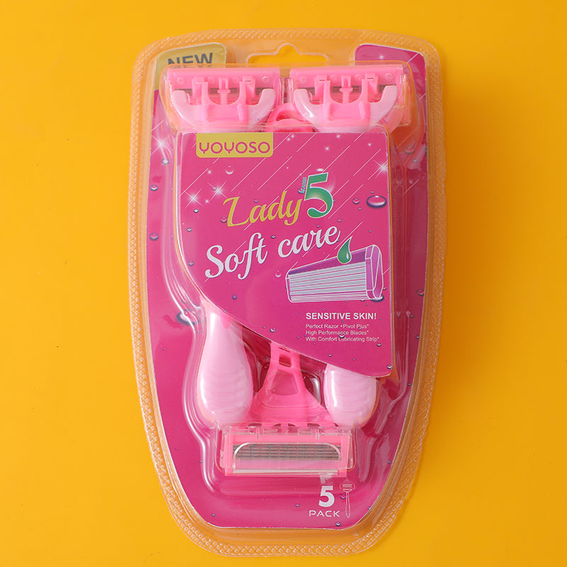 5-layer stainless steel women's razor with pink handle (5-piece set)