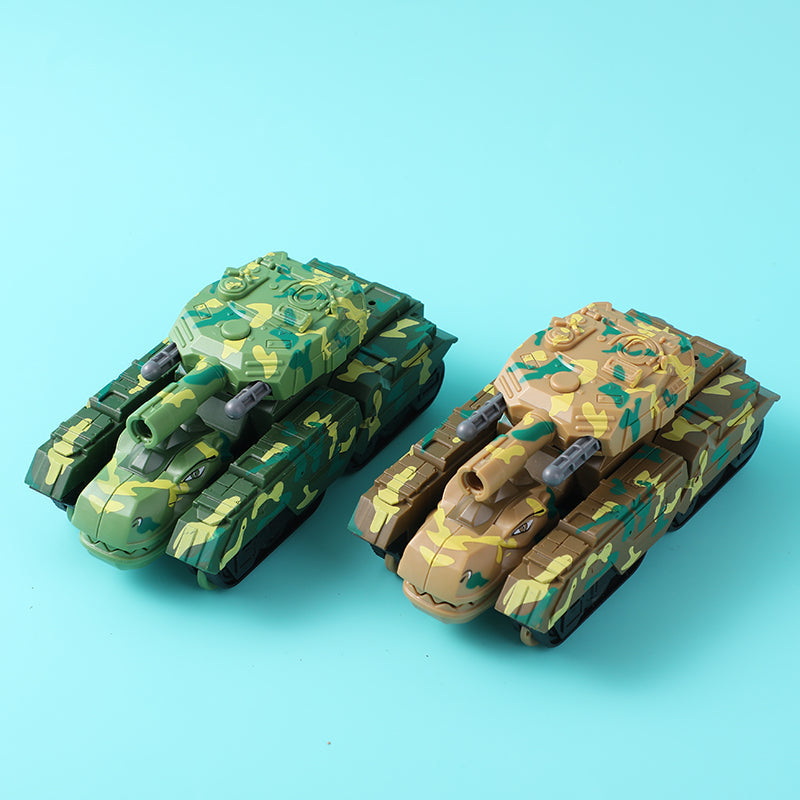 Inertial tank collision deformation toy (ejectable plastic bullets)