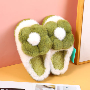 Cute plush four-petal flower women's covered-toe slippers 36-37 (dark green)