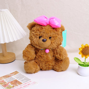 Rose red bow sitting plush bear doll -22cm(Plastic Eyeball)