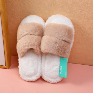Fashion contrast color two strips women's cotton slippers-khaki (36-37)