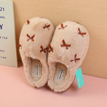 Romantic Little Bow Women's Cotton Slippers Khaki 36-37