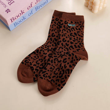Leopard Embroidered Women's Mid-Calf Socks – Coffee