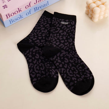 Leopard Embroidered Women's Mid-Calf Socks – Black