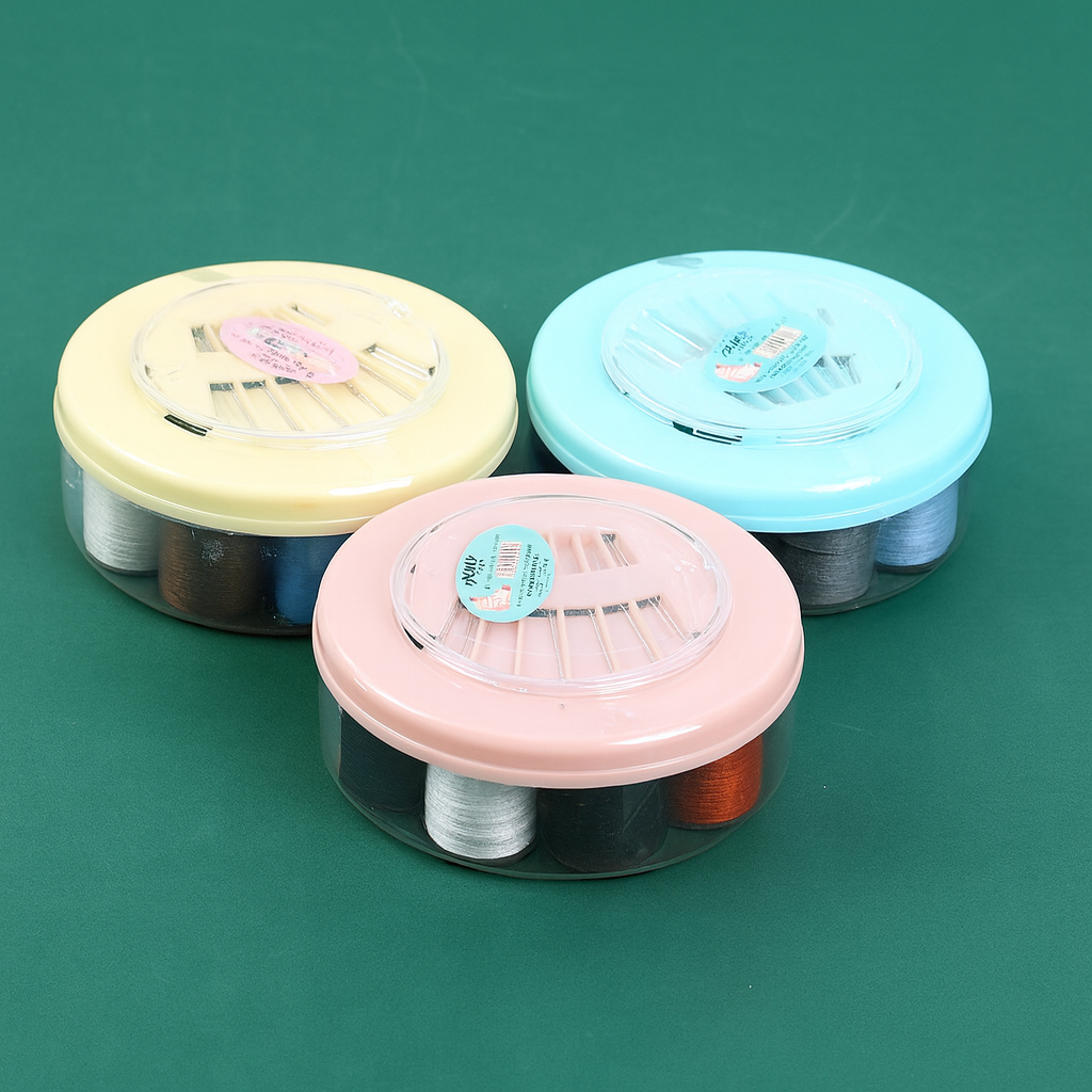 Round sewing box with nine needles