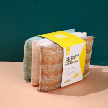 Thick colorful wide stripe sponge scouring pad-3pcs